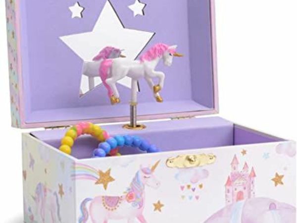 Jewelkeeper Girl's Musical Jewellery Storage Box with Spinning Unicorn, Glitter Rainbow and Stars Design, The Beautiful Dreamer Tune, Gifts for Little Girls