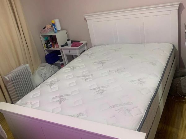 Double wooden white bed with mattress