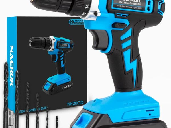 Naerok NK20CD 18V to 20V Cordless Drill Driver 1 Hour Fast Charge Electric Screwdriver Set, Powerful Lithium Ion Battery, 18 Volts Combi Driver, DIY 13 Piece Accessory Kit
