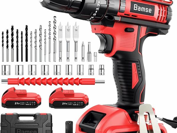 Cordless Drill Driver 21V, Bamse Cordless Hammer Drill with 2 Batteries 2.0Ah, 25+3 Torque, 42N.m Max Electric Drill, 30PCS Drill Bits, 2 Speed, LED Light for Home and Garden DIY Project