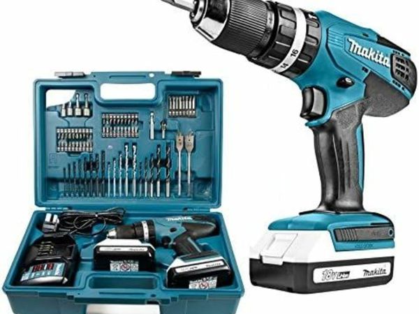 Makita 18 V Cordless Combi Drill, 2 x Batteries, Charger and Accessory Kit, 70 pc.