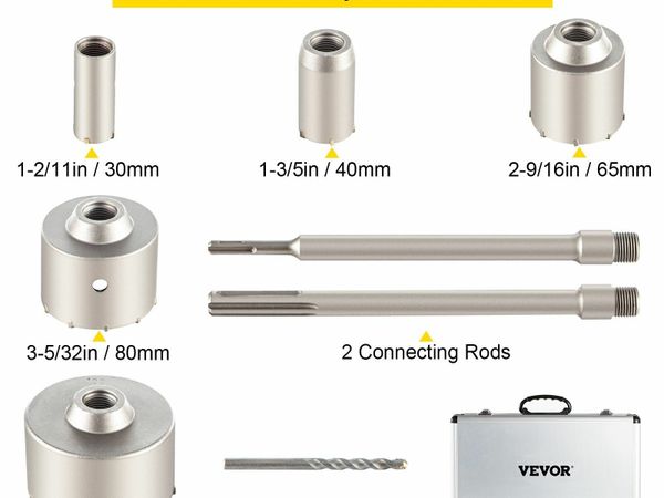 Concrete Hole Saw Kit, 30/40/65/80/100mm Drill Bit Set SDS Plus or SDS