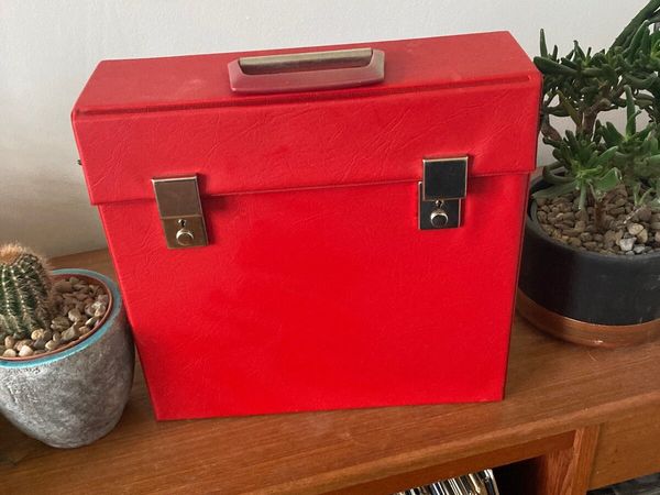 Vintage Red vinyl record case with key
