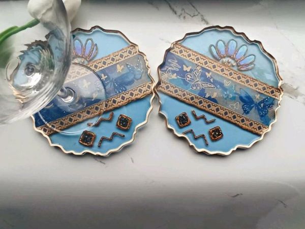 Set of 2 handmade blue | gold epoxy resin coasters