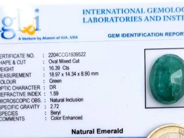 16ct !!!! large natural emerald with certificate