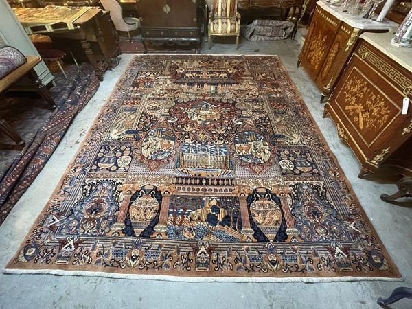 Spectacular Semi Antique Persian Kashamr Pictorial Hand Knotted Rug.