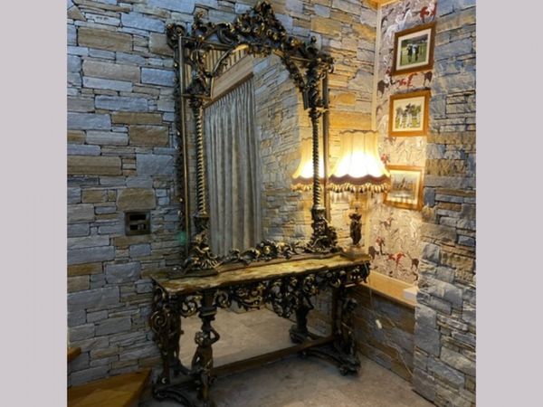 Brass and Marble Mirror Back Console and Mirror