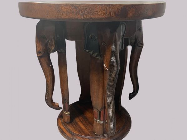 African Elephant Carved Wood Side Table