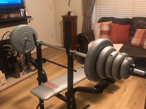York Fitness folding barbell bench and weights