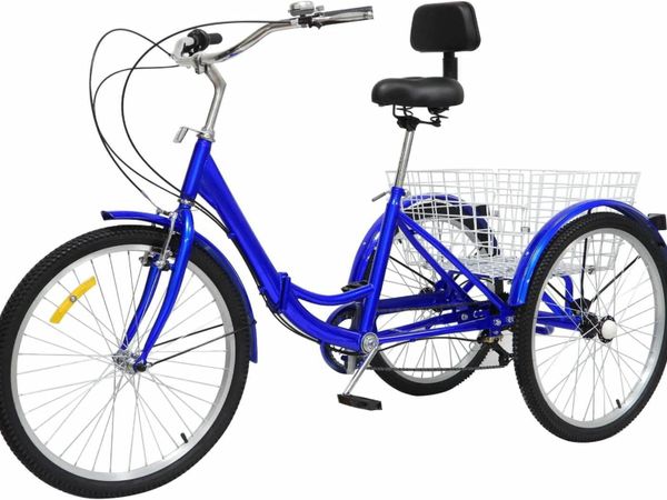 Tricycle for Adults, 24 Inch 7-Speed Bicycle 3 Wheels Foldable & Adjustable Trike with Shopping Basket and Rear Seat, Load Bike for Seniors/Women/Men, Blue