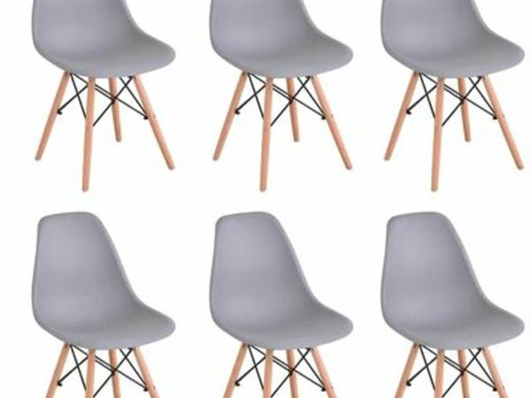A SET OF 6 DINING CHAIRS NORDIC OFFICE CHAIR PLASTIC KITCHEN CHAIRS WOODEN LEGS FOR DINING ROOM LIVING ROOM KITCHEN GREY