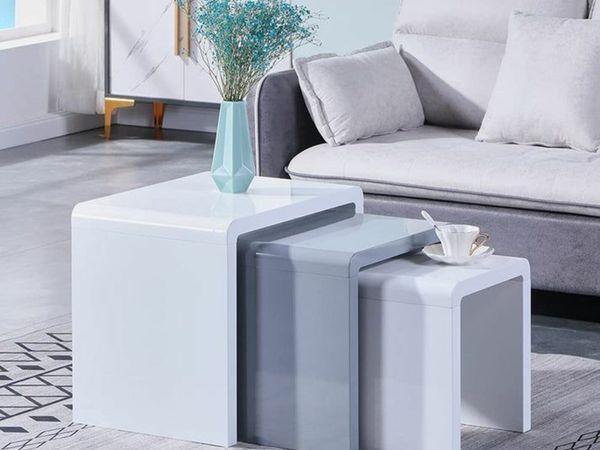 Nest of Tables High Gloss Coffee Tables Nesting Tables Wooden Side End Tables Lamp Tables for Living Room,White and Grey