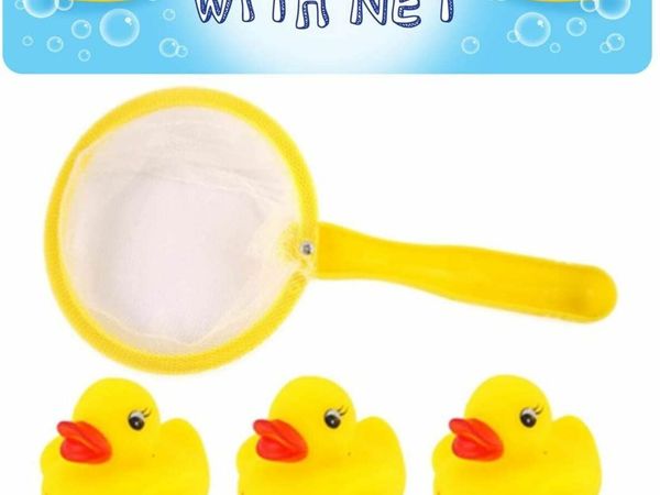 5 Mini Rubber Ducks with Fishing Net Bath Toy