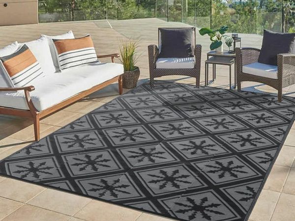 Outdoor Rugs for Patios Waterproof, 9X12Ft Reversible Easy Cleaning Garden Rug, Portable Comfortable Woven Geometric Outdoor Carpet (Black & Grey)
