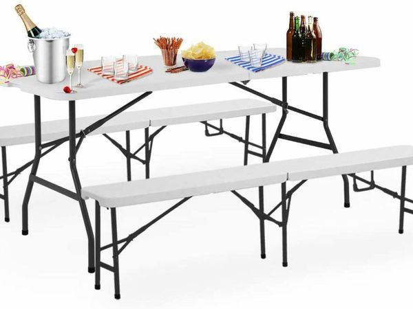 BEER TENT SET, FOLDABLE, 2 BEER BENCHES, 1 BEER TABLE, PLASTIC HANDLE, WHITE, MARQUEE SET, CAMPING GARDEN FURNITURE