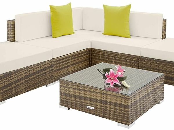 ALUMINIUM POLYRATTAN LOUNGE SET WITH GLASS TABLE, SOFA TABLE SET, FOR GARDEN, BALCONY AND PATIO, INCLUDES CUSHIONS