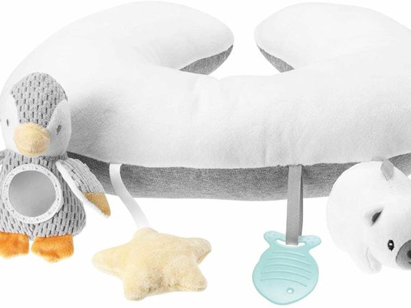 Nuby Penguin Tummy Time Pillow For Babies, Grey And White Plush Nursery Accessories, 1 Count (Pack of 1)