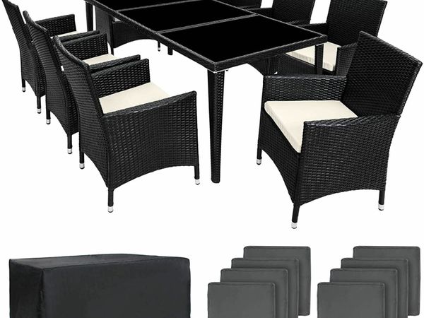 ALUMINIUM POLY RATTAN DINING SET, 8 CHAIRS + 1 DINING TABLE WITH GLASS TOPS, INCLUDES 2 COVER SETS AND PROTECTIVE COVER, VARIOUS COLOURS