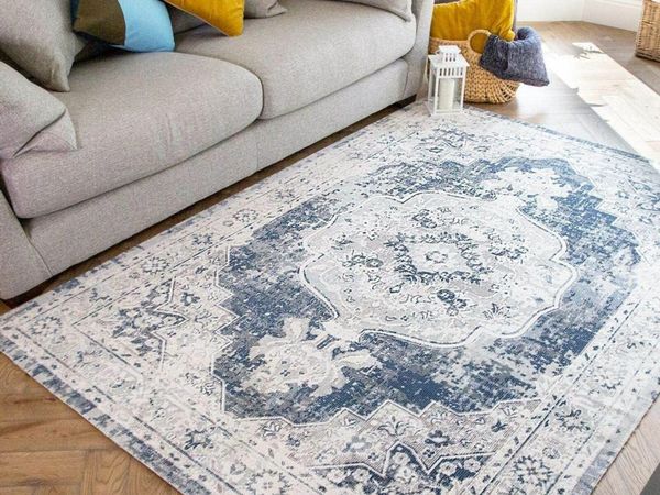 Blue Traditional Vintage Distressed Rug Grey Boho Moroccan Medallion Low Woven Pile Antique Anti Trip