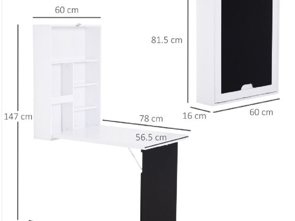 MDF Folding Wall-Mounted Drop-Leaf Table with Chalkboard Shelf White.