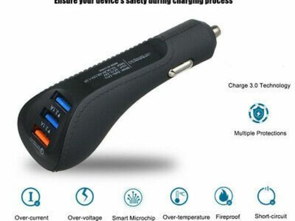 QC3.0 3-Port USB Universal Car Socket Mini Lighter Fast-Charger Adapter DC12-24V