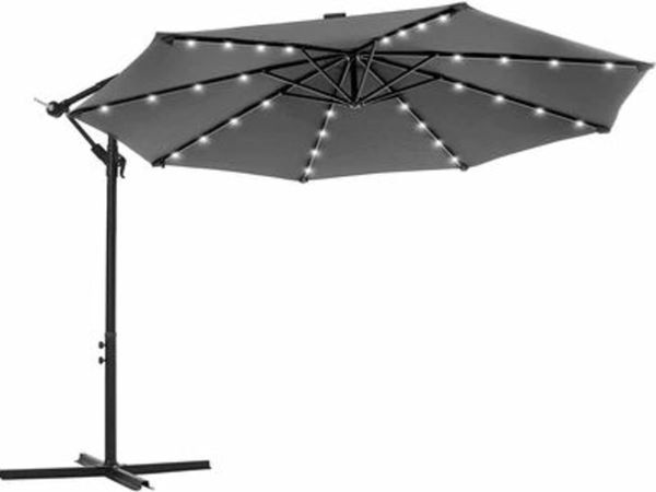 PARASOL WITH LED SOLAR LIGHTING, CANTILEVER GARDEN UMBRELLA, 32 LED LIGHTS WITH STAND, UV PROTECTION UP TO UPF 50+ WITH CRANK HANDLE FOR GARDEN PATIO