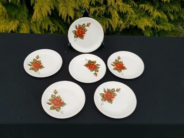6 red china sides plates