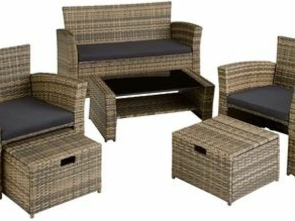 POLY-RATTAN GARDEN / BALCONY / PATIO SET FOR 4 PEOPLE WITH STOOL, STORAGE COMPARTMENT UNDER SOFA SEAT, TABLE WITH SHELF, 800719 INCL. CUSHIONS