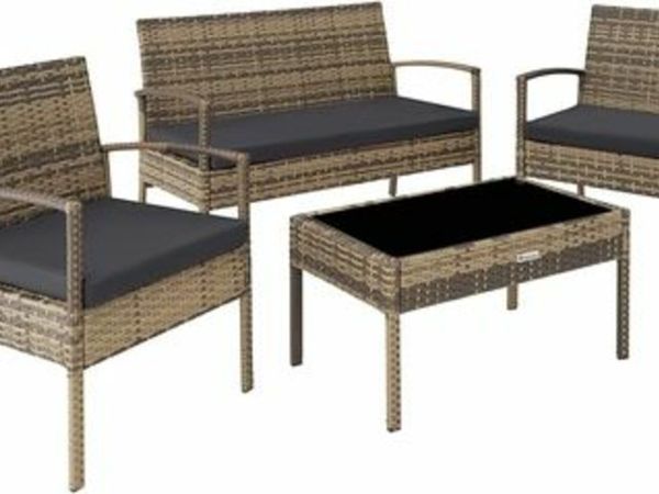 POLY RATTAN SEATING GROUP, GARDEN SET WITH 2 CHAIRS, BENCH + TABLE WITH GLASS TOP, LOUNGE SET FOR GARDEN, TERRACE AND BALCONY (NATURAL)