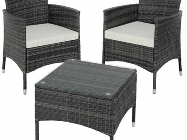POLYRATTAN GARDEN SET, 2 CHAIRS AND SMALL TABLE WITH GLASS TOP, ROBUST STEEL FRAME, VARIOUS COLOURS (GRAY)