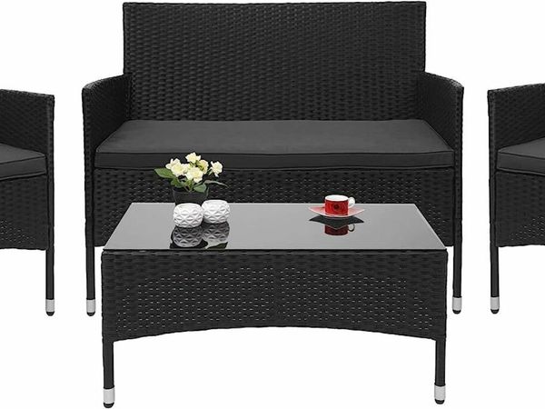 Balcony, Garden, and Lounge Rattan Furniture Set with Black, Brown, and Dark Grey Cushions