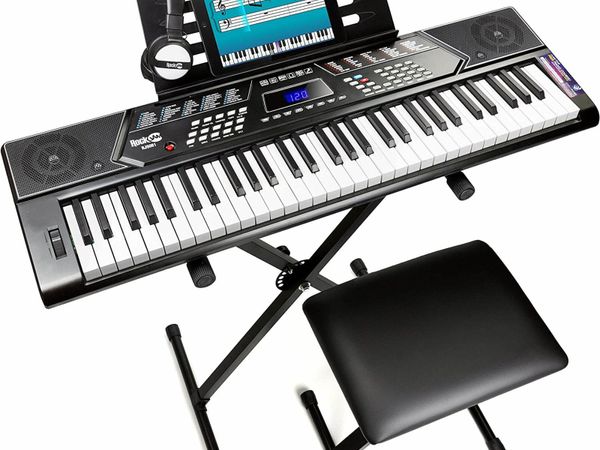 Rockjam RJ5061RockJam 61 Key Keyboard Piano With Pitch Bend Kit, Keyboard Stand, Piano Bench, Headphones, Simply Piano App & Keynote Stickers, Black