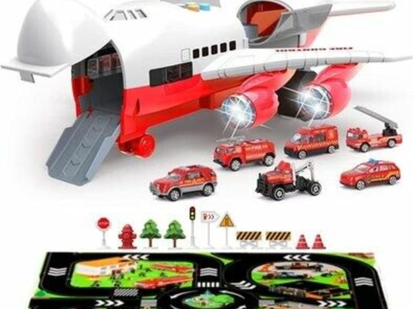 Children's Early Educational Toy with Sound and Light, Transport Cargo Aircraft Car Toy Set, Transport Airplane Toy with 6 Little Fire Trucks, and Scene Play Mat