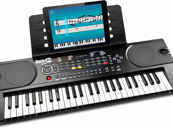 RockJam 49 Key Keyboard Piano with Power Supply, Sheet Music Stand, Piano Note Stickers & Simply Piano Lessons., Black