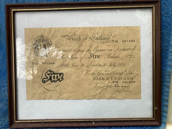 old 1951 English White five pound note copy framed