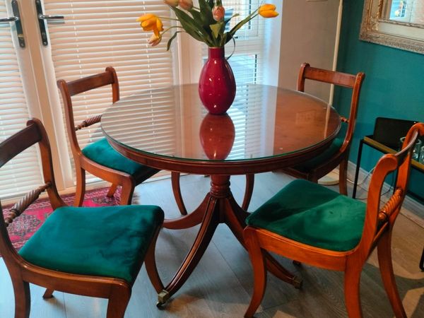 Vintage dining table chairs and display case