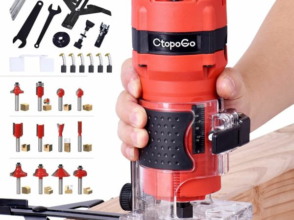 CtopoGo Compact Wood Palm Router Tool Hand Edge Trimmer Woodworking Joiner Cutting Palmming Tool 30000R/MIN 800W 220V with 12PCS 1/4" Router Bits