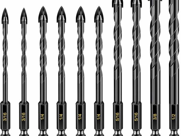 10 Pcs Masonry Drill Bits, Concrete Drill Bit Set for Tile, Brick, Glass, Plastic and Wood, Tungsten Carbide Tip Work with Ceramic Tile, Wall Mirror, Paver on Concrete or Brick Wall. (5-12mm)