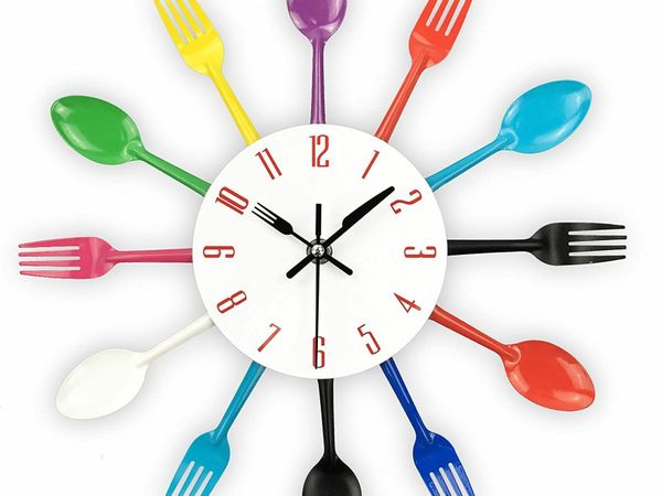 Timelike 3D Removable Modern Creative Cutlery Kitchen Spoon Fork Wall Clock Mirror Wall Decal Wall Sticker Room Home Decoration (Colorful)
