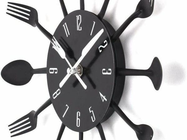 Timelike 3D Removable Modern Creative Cutlery Kitchen Spoon Fork Wall Clock Mirror Wall Decal Wall Sticker Room Home Decoration (Black)