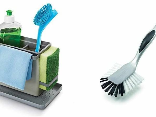 Metaltex Tidy-Tex Kitchen Sink Cleaning/Washing Up Organiser, Grey, 24 x 13 x 14 cm & Addis Ultra Grip Jumbo Dish Brush Metallic Silver