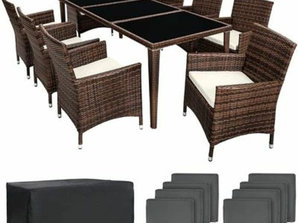 ALUMINIUM POLY RATTAN DINING SET, 8 CHAIRS + 1 DINING TABLE WITH GLASS TOPS, INCLUDES 2 COVER SETS AND PROTECTIVE COVER, VARIOUS COLOURS
