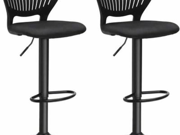 BAR STOOL SET OF 2 HEIGHT ADJUSTABLE WITH CROWN BACKREST 360 DEGREE ROTATING COMFORTABLE PADDED SEAT KITCHEN BAR BLACK