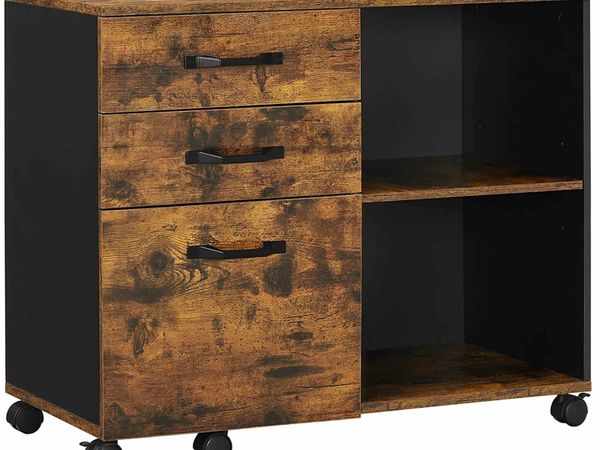 3-DRAWER UNIT, OFFICE STORAGE UNIT WITH OPEN COMPARTMENTS, SIDEBOARD, FOR A4 FORMAT, DOCUMENTS, PRINTER STAND, INDUSTRIAL STYLE, RUSTIC BROWN AND BLACK