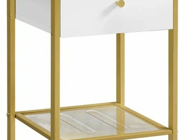 BEDSIDE TABLE, SIDE TABLE, WITH DRAWER AND GRID SHELF, FOR BEDROOM, LIVING ROOM, MODERN, WHITE-GOLD-COLORED