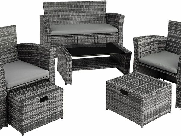 POLY-RATTAN GARDEN / BALCONY / PATIO SET FOR 4 PEOPLE WITH STOOL, STORAGE COMPARTMENT UNDER SOFA SEAT, TABLE WITH SHELF, 800719 INCL. CUSHIONS