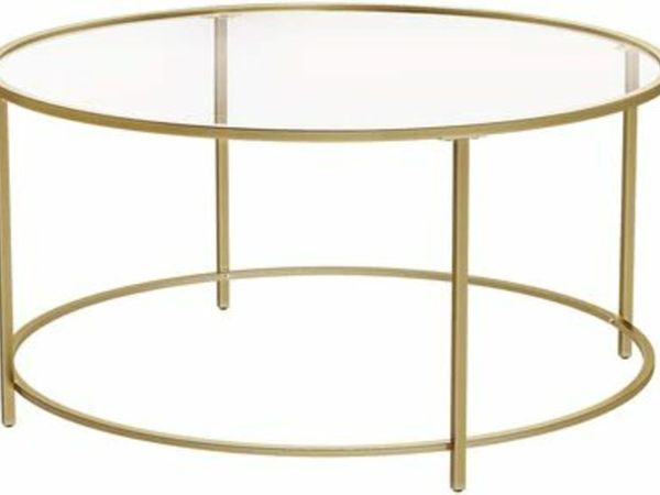 COFFEE TABLE, SIDE TABLE ROUND, GLASS TABLE WITH METAL FRAME, TEMPERED GLASS, BEDSIDE TABLE, SOFA TABLE, FOR BALCONY, GOLDEN