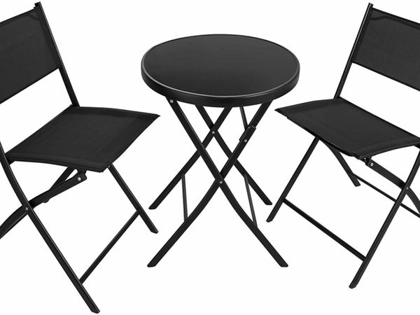 BISTRO SET, TABLE WITH GLASS TOP AND 2 CHAIRS, ROBUST STEEL FRAME, EASY TO ASSEMBLE AND DISMANTLE, VARIOUS COLOURS