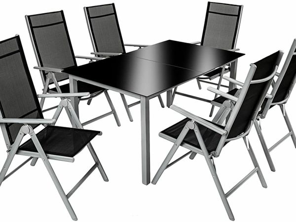 ALUMINUM POLYRATTAN 6+1 SEATING SET, 6 FOLDING CHAIRS & 1 TABLE WITH GLASS TOPS - VARIOUS COLORS, DARK GRAY