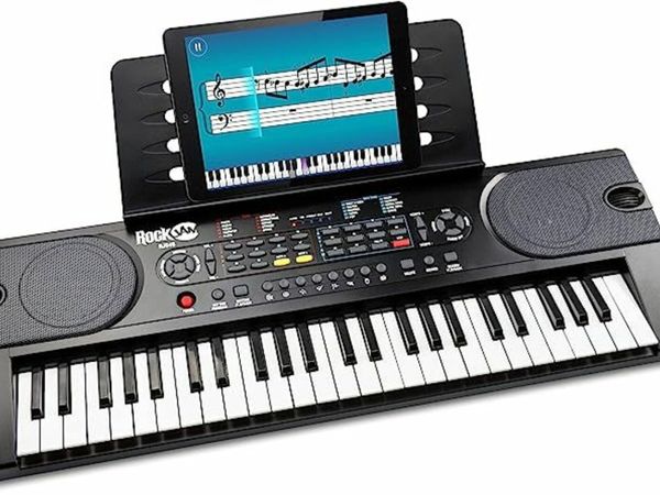 Rockjam 49 Key Keyboard Piano with Power Supply, Sheet Music Stand, Piano Note Stickers & Simply Piano Lessons., Black